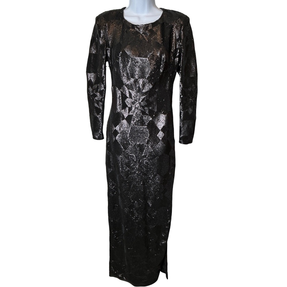 Alex Teih Couture Black Sequin Evening Gown Sz 8 Maxi Dress Hollywood Glam